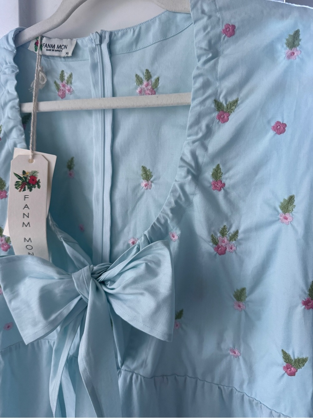 Fanm Mon Blue Embroidered Cotton Tie Front Babydoll Mini Dress XL NWT - Picture 4 of 6